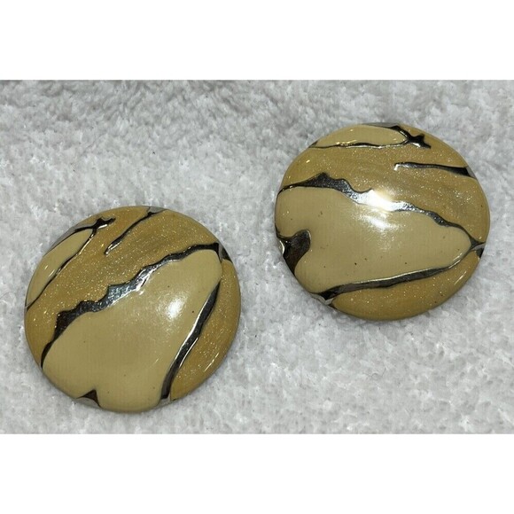 Vintage Rare Animal Print Earrings Enamel Round Beige Silver Spring 80s - Picture 2 of 7